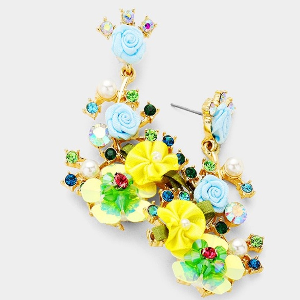 Crystal flower cluster dangle earrings